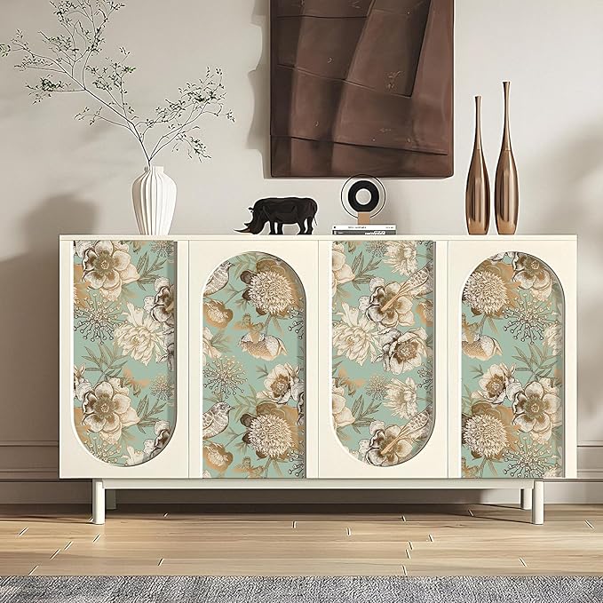Decotalk Peel and Stick Floral Wallpaper Green Floral Flower Wallpaper Removable17.5x354 Inch Floral Wallpaper for Bedroom Bathroom Wall Green and Gold Vintage Floral Wallpaper Contact Paper Floral