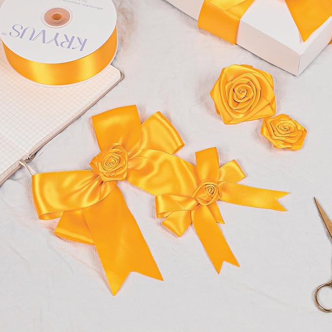 Double Faced Yellow Gold Satin Ribbon, 1-1/2 Inch X 50 Yards Polyester Ribbon for Gift Package Wrapping, Crafts, Bow Making, Sewing, Flower Bouquet, Wedding Party Decor