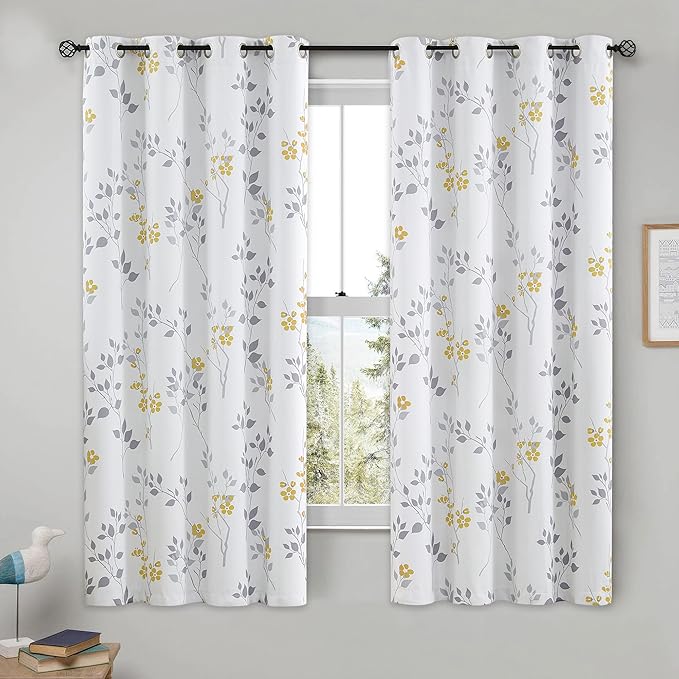 Beauoop Floral 100% Blackout Curtains 54 Inch Length 2 Panels for Bedroom Living Room Yellow Grey and White Flower Patterned Room Darkening Thermal Soundproof Grommet Window Treatments Drapes, 52X54