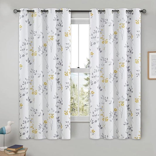 Beauoop Floral 100% Blackout Curtains 54 Inch Length 2 Panels for Bedroom Living Room Yellow Grey and White Flower Patterned Room Darkening Thermal Soundproof Grommet Window Treatments Drapes, 52X54