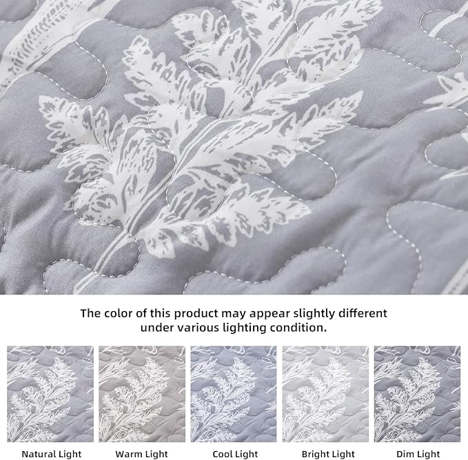 JANZAA Quilts Queen Size Bed Spread Botanical 3 Pieces Quilts Queen Size Sets with Floral Pattern Lightweight Microfiber Bedding Reversible 1 Quilt and 2 Pillow Cases-Grey