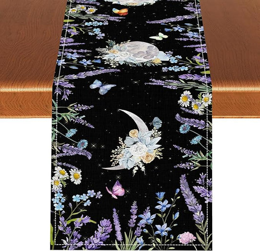 Boho Floral Table Runner, Spring Gothic Moon Phase Wildflower Mystical Witchy Farmhouse Coffee Table Center Decor for Home Kitchen Dining Patio Holiday Party Table Decorations 13x108 inches