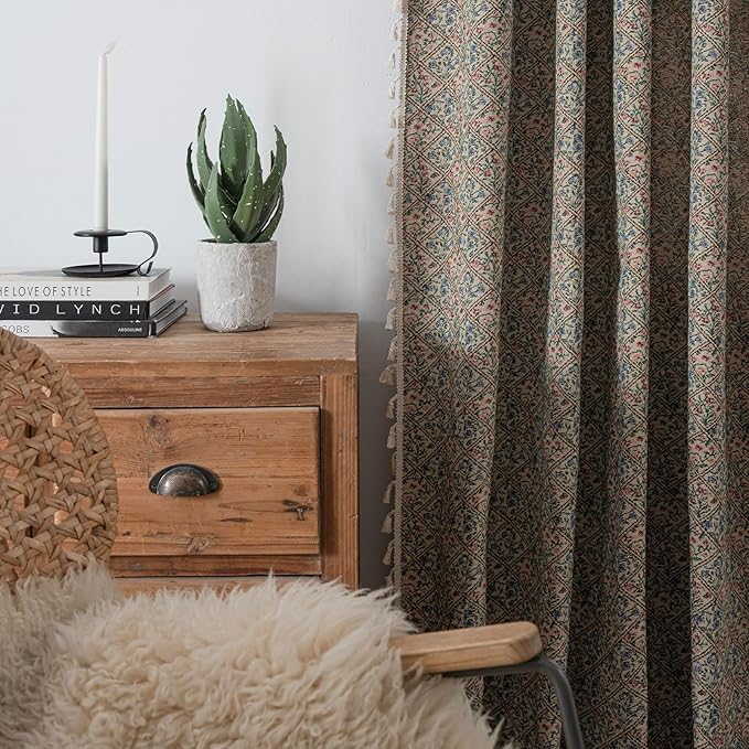 ENJOYBRIDAL Floral Living Room Curtains 63 Inch Length Boho Drapes Short Jacquard Semi Sheer Bedroom Window Curtains Patterned Farmhouse Country Rod Pocket Aesthetic Tassel 2 Panels Window Treatments