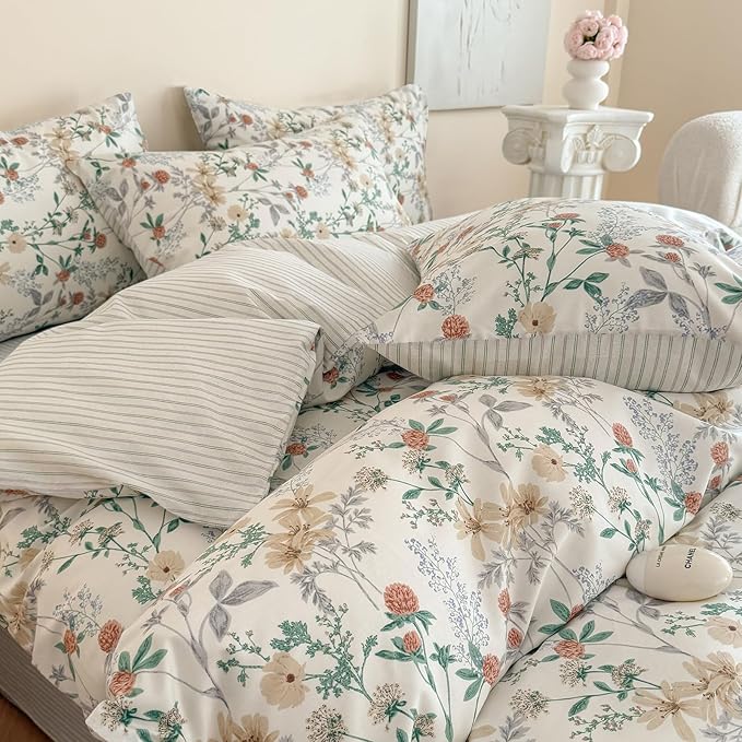 EAVD Garden Botanical Floral Duvet Cover Full White Soft 100% Cotton Flowers Leaves Pattern Bedding Set with 2 Pillowcases Reversible Black White Striped Comforter Cover with Zipper Closure