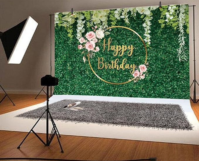 9x6ft Happy Birthday Backdrop Green Grass Flowers Wall Greenery Green Leaves Nature Botanical Photography Background Birthday Party Anniversary Portrait Studio Photo Props Polyester