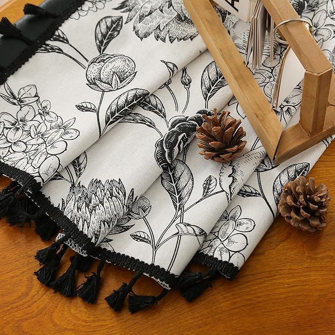 100% Blackout Black Floral Farmhouse Curtains Living Room Thermal Insulated Drapes Elegant Peony Pattern & Tassel Curtains 2 Panels Blocking Curtains for Windows Floral Drapes (52W*63L)