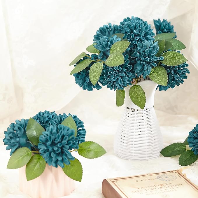 Artificial Flowers, 25pcs Dark Teal Artificial Rose for DIY Wedding Bouquets Centerpieces Arrangements, Dark Teal Rose and Dahlia Flowers with Stem for Bridal Shower Party Home Decorations