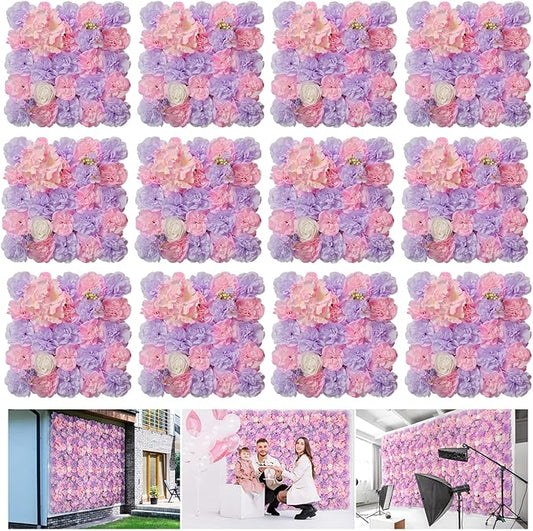 Flower Wall Backdrop12 pcs 16.5x16.5 Inch Floral Wall Panel Artificial Silk Rose Wall Decor Ideal for Wedding Celebrations, Festive Party Backdrops, and Home Decor-Pink and Purple