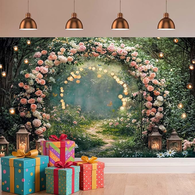 5x4ft Enchanted Forest Wedding Photography Backdrop Wonderland Roses Fairy Tale Backdrop Pink Flower Birthday Newborn Baby Shower Wedding Bridal Party Banner Photo Booth Props Anniversary Background