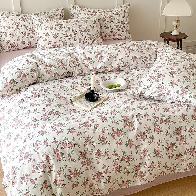 HighBuy Pink Floral Comforter Set Queen Vintage Floral Comforter Sets with Pink Botanical Soft Cozy Queen Bedding Comforter Set with 2 Pillowcases,Cute Floral Bed Comforter Sets for All Season