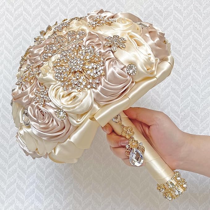 Handmade Satin Rose Floral Bling Pearl Decor Bridal Wedding Bouquet Rhinestone Pendant Artificial Brooch Flowers for Bride Bridesmaid Quinceanera