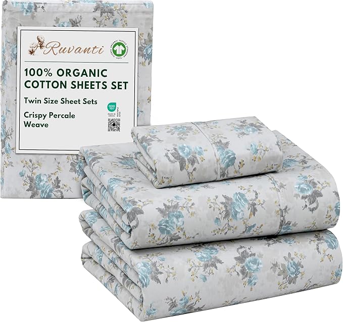 RUVANTI 100% Organic Cotton Sheets Twin Size, Percale Weave, GOTS Certified, 3-Piece Set, Deep Pocket 15", Crisp & Breathable, Soft Durable Bedding, Sábanas Algodón Orgánico – Blue Rose