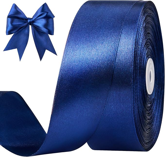 1-1/2 Inches 100 Yards Dark Blue Satin Ribbon, Solid Fabric Ribbon Roll for Flower Bouquets, Gift Wrapping, Wedding, Handmade Crafts