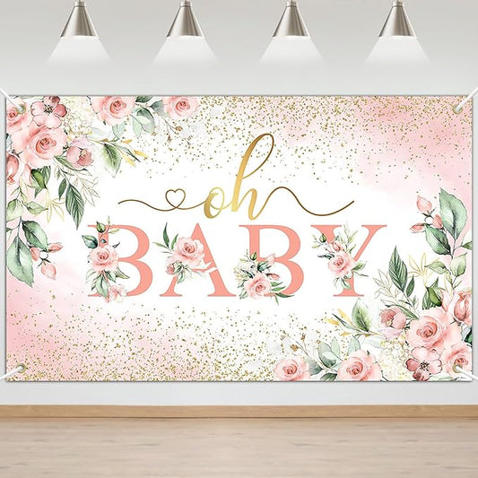 Mocsicka Oh Baby Backdrop Banner Girl Baby Shower Background Pink Floral Oh Baby Baby Shower Party Decorations Photo Booth Props (Pink, 6x3.6ft)