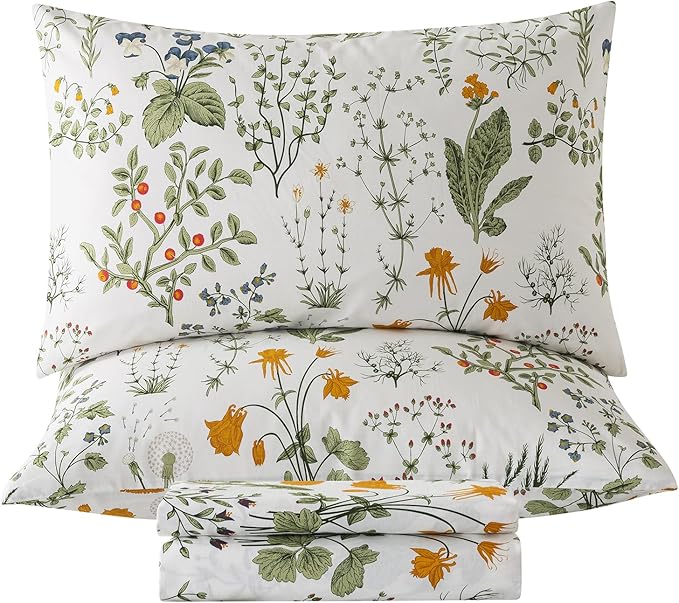 Zusbest King Size Sheets 100% Percale Cotton Green Floral Bed Sheet Set Yellow Flower & Green Leaves Botanical Pattern Printed on White Garden Luxury Crisp Soft Deep Pocket Fitted Sheet 17.5'' 4Pcs