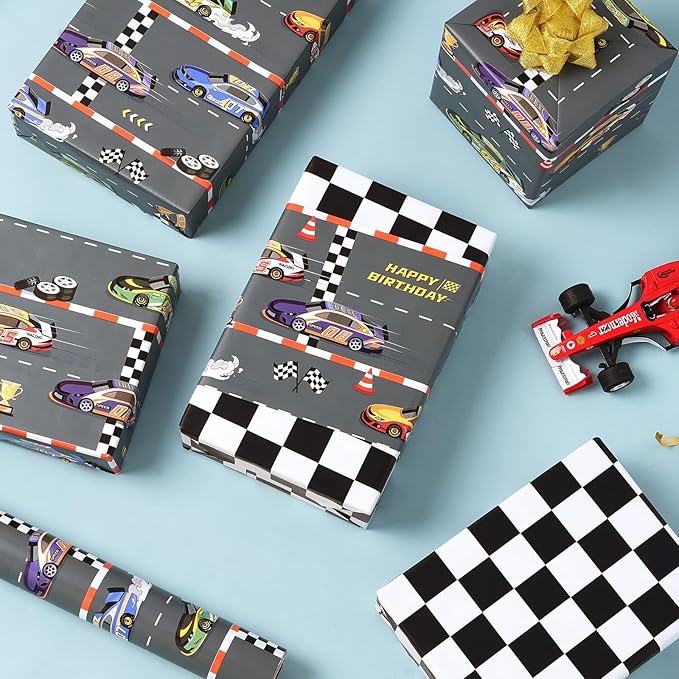 WERNNSAI Racing Car Wrapping Paper - 1 Roll 17” x 16.5 ft Car Birthday Wrapping Paper Kids Boys Gift Wrap Reversible Birthday Present Packing Decoration Sports Cars with Checkered Design