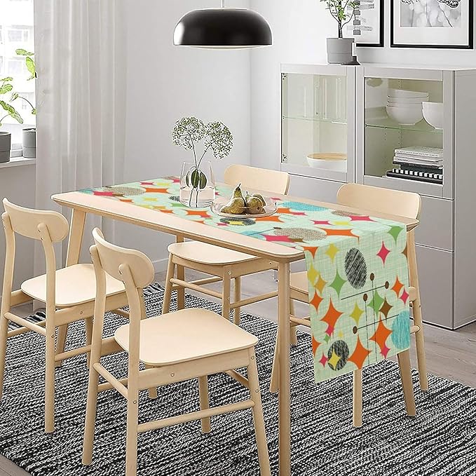 Mid Century Table Runner,Abstract Retro Modern Geometric Colorful Stripe Pattern Print Tablecloth Burlap for Hotel Indoors Outdoor Dining Room Kitchen Holiday Party, 13x108in