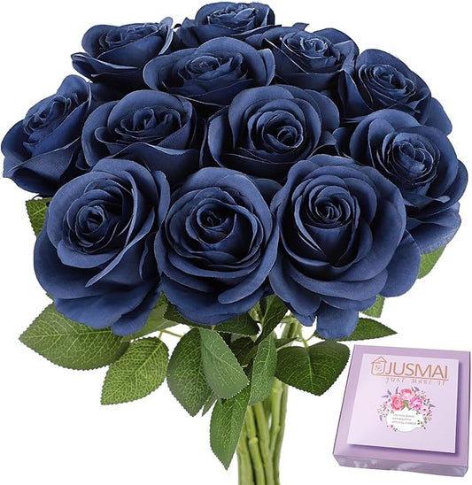 12pcs Roses Artificial Flowers Navy Blue Fake Roses Flowers with Long Stems Silk Flowers for Wedding Bouquet Centerpices Decorations Party Bridal Baby Shower Home Decor
