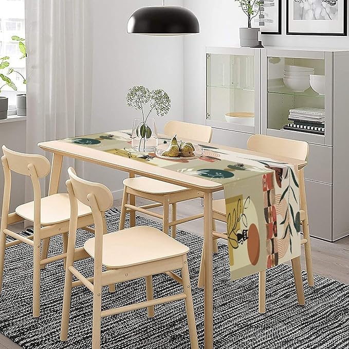 Mid Century Table Runner,Abstract Boho Plant Leaf Botanical Cat Modern Geometric Pattern Print Burlap for Hotel Indoors Outdoor Dining Room Kitchen Home Decor, 13x90in