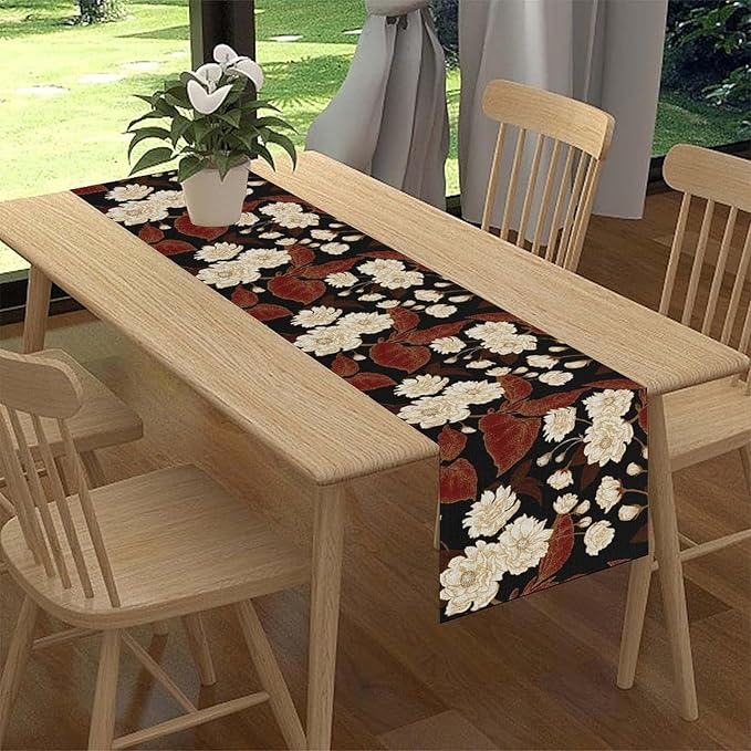 Boho Floral Table Runner, Black White Minimalist Vintage Rustic Flower Botanical Leaf Print Table Center Decor for Family Kitchen Table Decorations Indoor Outdoor 13x72 inch