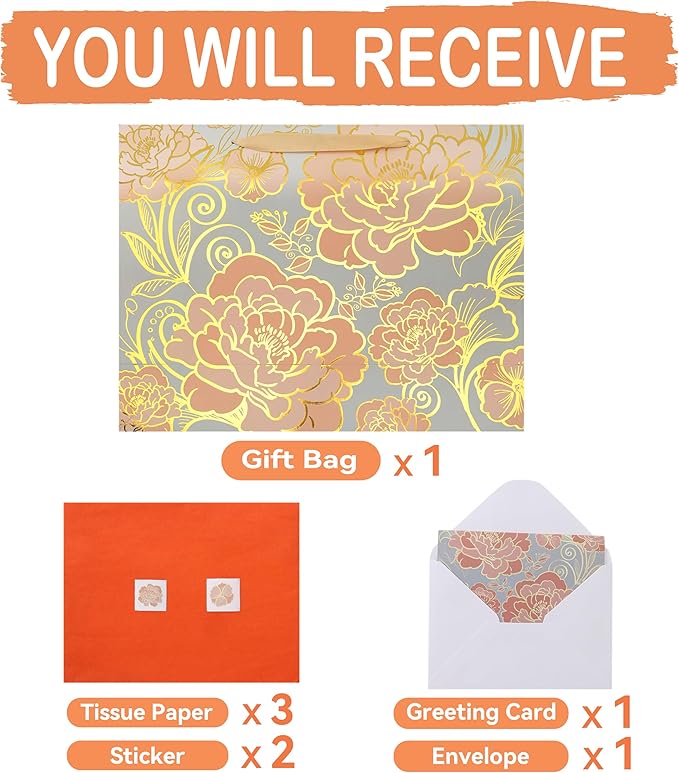 16.5” Extra Large Rose Gold Gift Bag Set with Handles, Greeting Card, Tissue Papers and Stickers for Women Girls for Birthday, Wedding, Valentine's Day and Mother’s Day, Foil Traced Flowers Design, 1 Pcs