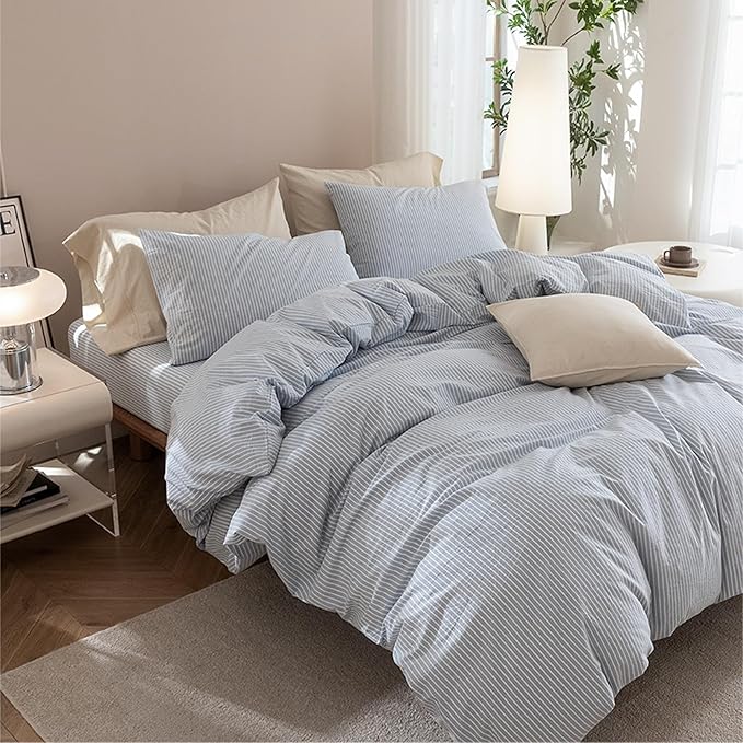 JIYUAN 100% Washed Cotton Striped Duvet Cover Set 3 Pieces Queen, 1 Duvet Cover and 2 Pillowcases(Comforter Not Included),Linen Like Comfy and Breathable,Pinstripes - Heathered Cornflower Blue White