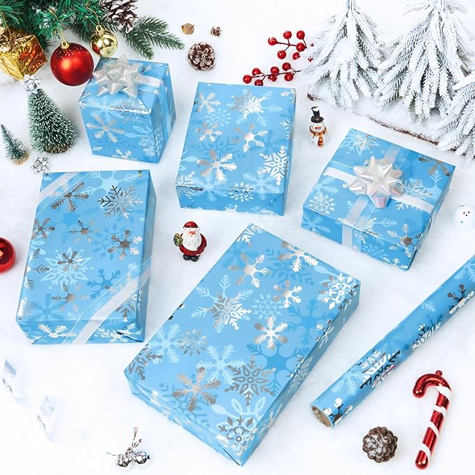 WERNNSAI Christmas Wrapping Paper Roll - 1 Roll 17”x 33 ft Blue Christmas Snowflake Wrapping Paper for Kids Girls Gift Packing Decorations Birthday Holiday Baby Shower Party Supplies