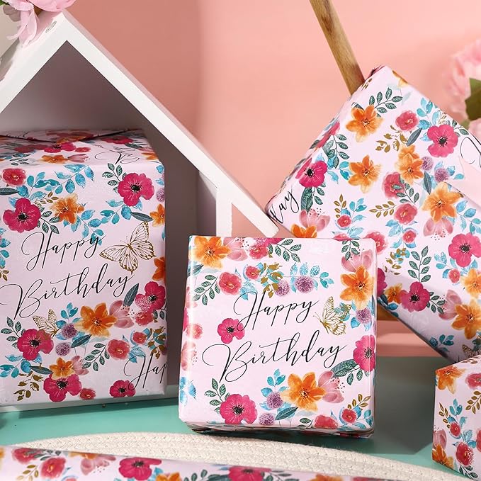 LeZakaa Happy Birthday Wrapping Paper Roll for Girls Women, Pink Floral & Butterfly, Birthday Party Gift Wrap for Girl, Women, Female, Mini Roll, 17 In x 32.8 Ft