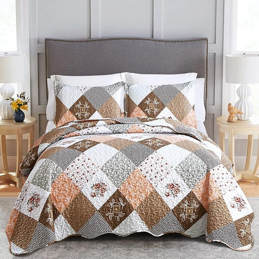 Dinjoy Floral Plaid Patchwork Quilt Set Twin Size, Reversible Brown Bedding Set Soft Microfiber Lightweight Bedspread Coverlet 3 Piece Fall Autumn Summer Use (68x86 inches)