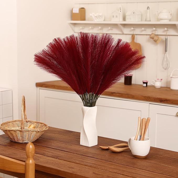 Faux Burgundy Pampas Grass - 30pcs 24 Inch Artificial Pampas Grass Decor Tall, Fake Pompas Grass for Vase Filler, Table Centerpieces, Wedding, Party and Home Decor (Burgundy, 30 Pieces)