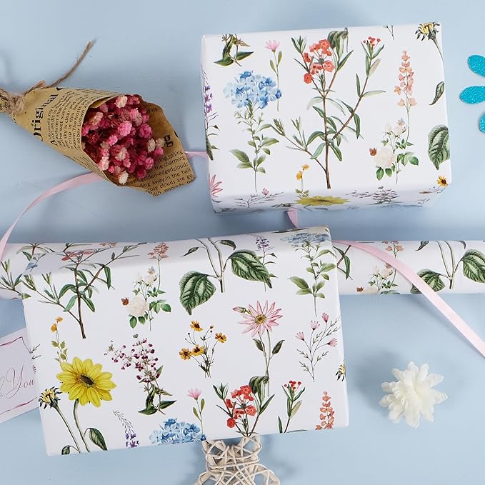 RayofSun Floral Wrapping Paper Roll 17 in x 16.5 ft Mini Roll Yellow Flower Wildflowers Plants Gift Wrap Paper for All Occasion Wedding Birthday Bridal Shower Party Baby Shower Christmas