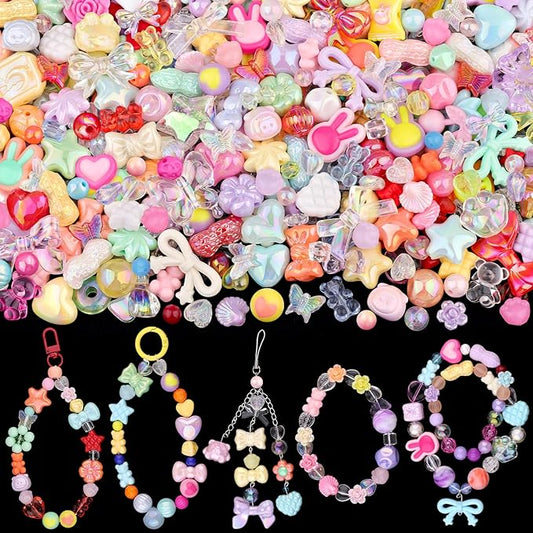 Assorted Acrylic Beads, 200-260PCS Mixed Colors Cute Beads for Bracelet Making, GummyBear Bow Flower Kawaii Charms for Jewelry Making DIY Necklace Keychain Phone Charm Christmas Gift