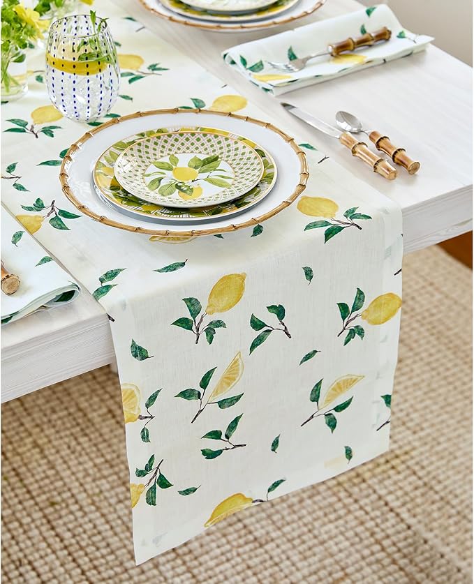 Solino Home Lemon Print Table Runner 90 Inches Long - 100% Pure Linen Table Runner 14 x 90 Inch - Machine Washable - Botanical Lemon/Off White Print