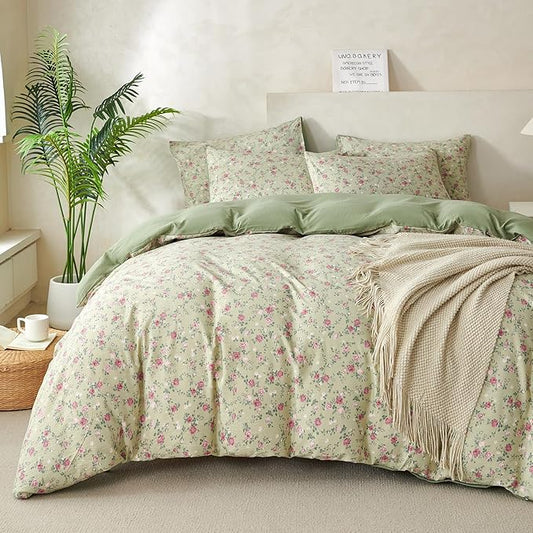 Comforter King Size Floral Soft 3 Pieces Chic Crinkle Gauze Fabric Garden Style Floral Print Botanical Comforter for All Seasons Luxury Warmth Comfy Breathable with 2 Pillowcases