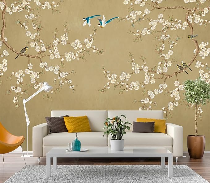 Eierme-Beautiful Background China Art. Flower with Bird Mural Wallpaper Peel and Stick 160" x 114"