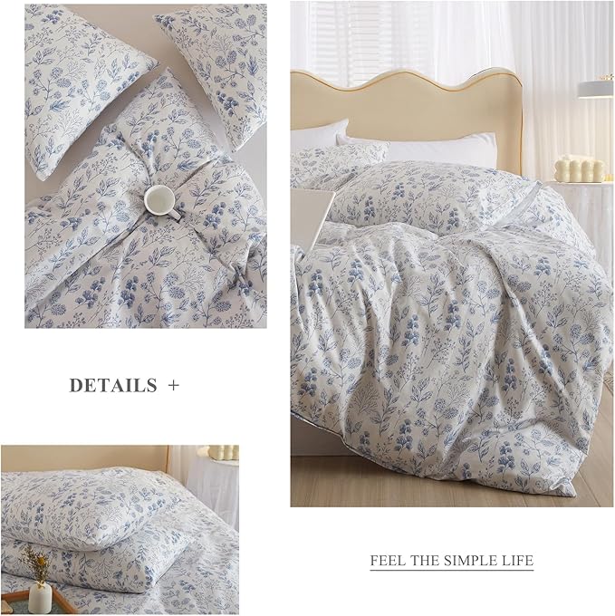 3 Pieces Duvet Cover Twin XL White Duvet Cover with Blue Floral Print,Coquette Bedding Soft Cotton Comforter Cover Boho Style,Aesthetic Twin XL Bedding Set with Zipper Closure 4 Ties,All Season