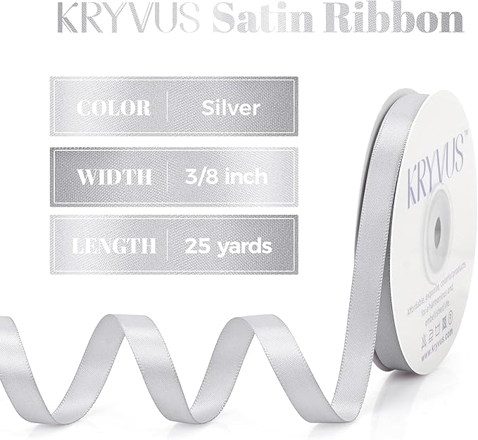 Silver Satin Ribbon, Double Faced 3/8 Inch X 25 Yards Silver Ribbon, Premium Satin Ribbon for Gift Wrapping, Crafts, Hair Bow Making, Sewing, Flower Bouquet, Wedding Party Decor