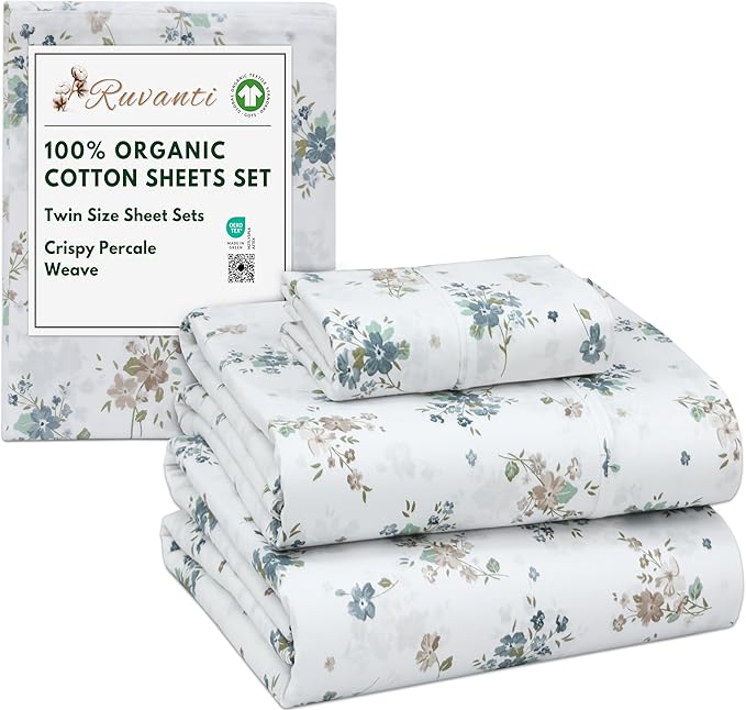 RUVANTI 100% Organic Cotton Sheets Twin Size, Percale Weave, GOTS Certified, 3-Piece Set, Deep Pocket 15", Crisp & Breathable, Soft Durable Bedding, Sábanas Algodón Orgánico – Halcyon