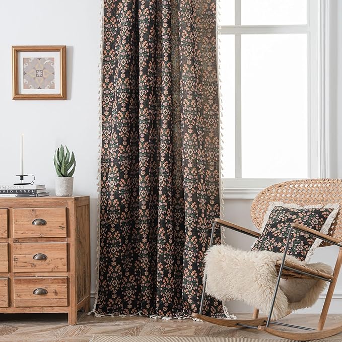 ENJOYBRIDAL Floral 96 Inch Curtains 2 Panel Set Boho Jacquard Drapes Black Living Room Semi Sheer Long Window Curtains Cottagecore Farmhouse Bedroom Chic Decor Rod Pocket Tassel Window Treatments