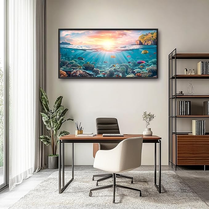 Ocean Fish Large Wall Art Framed Wall Decor for Living Room, Ocean Sunset Pictures Oversized Canvas Print Painting Modern Extra Large Framed Artwork for Bedroom Office Home Decor 60"x30"