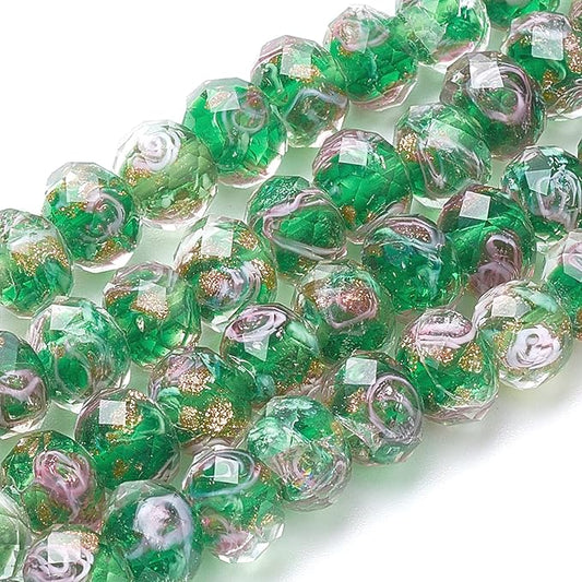 PH PandaHall 70pcs 6~8mm Green Flower Lampwork Glass Beads Rose Glass Beads Gold Sand Lampwork Bead 2mm Hole Handmade Round Loose Bead for Rosary Jewelry Craft Making