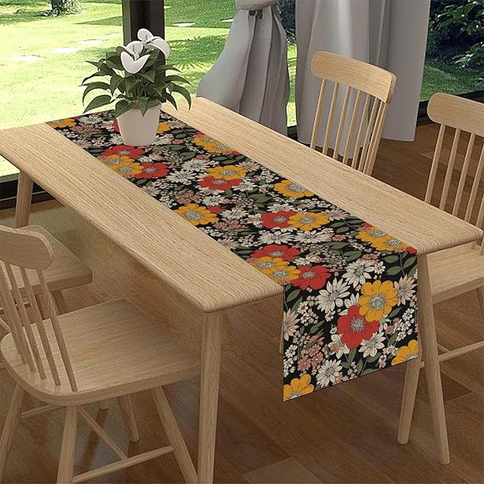 Boho Floral Table Runner, Colorful Vintage Flower Bohemian Floral Print Table Decor for Home Kitchen Dining Patio Holiday Party Indoor Outdoor Table Decorations 13x72 inch