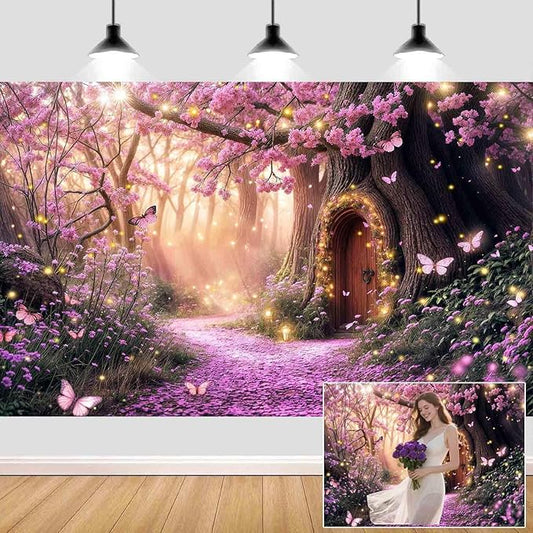 5X3ft Enchanted Forest Backdrop Fairy Tale Purple Garden Wonderland Tree House Floral Background for Kids Girl Baby Shower Birthday Party Decoration Banner Cake Table Photo Booth Props