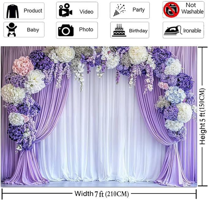 15x10ft Flower Photo Backdrop Floral Purple Photography Background White Curtain Spring Wedding Baby Shower Girl Princess Birthday Party Supplies Photo Studio Props