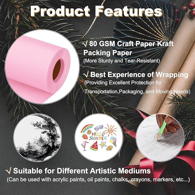 PATIKIL Wrapping Paper, 12"x800"(66') Bulletin Board Paper Roll Kraft Paper Roll Construction 80GSM for Shipping Packing Gift Wrapping Craft Flower Bouquet Christmas, Pink