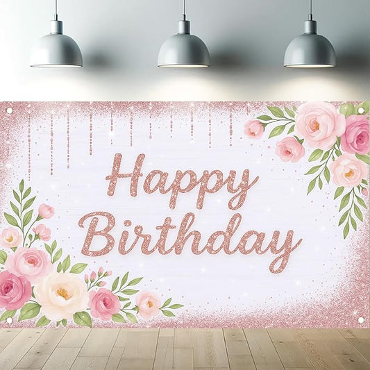 Rose Gold Birthday Backdrops Banner Floral Pink Flower Glitters Happy Birthday Photography Background for Women Girls Wedding Baby Shower Decor Party Photo Booth Supplies 6x4ft