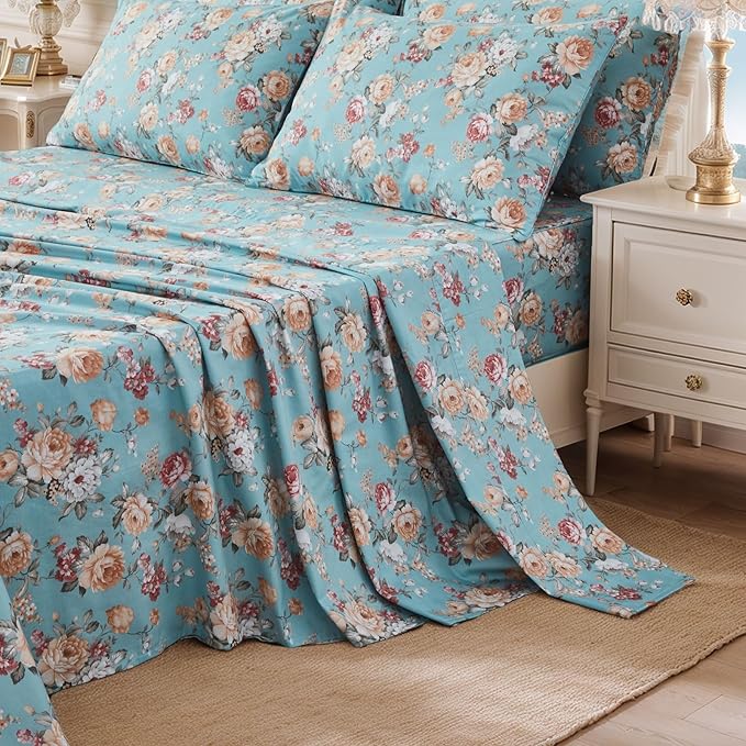 FADFAY Blue Vintage Floral Twin Size Sheets Set Premium 100% Cotton Shabby Rose Pattern Cottagecore Bedding Set Deep Pocket Sheets with 2 Pillowcases Luxury Breathable Soft 4Pcs, Twin Size