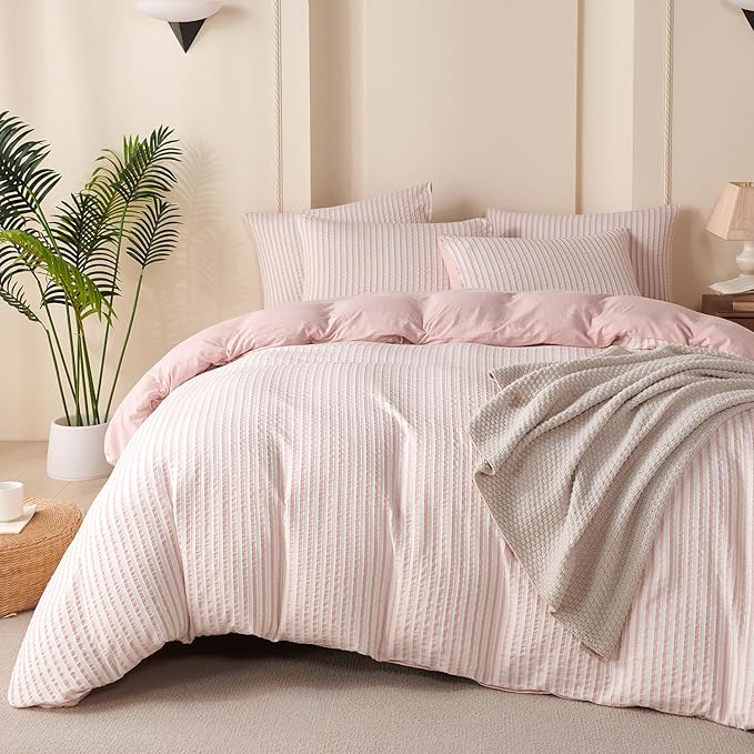 Striped Duvet Cover Set King Pink Washed Microfiber Jacquard 3 Pieces Bedding Set, White Pink Vertical Ticking Stripes Pattern Comforter Cover with Zipper Closure Breathable Durable Soft Comfy