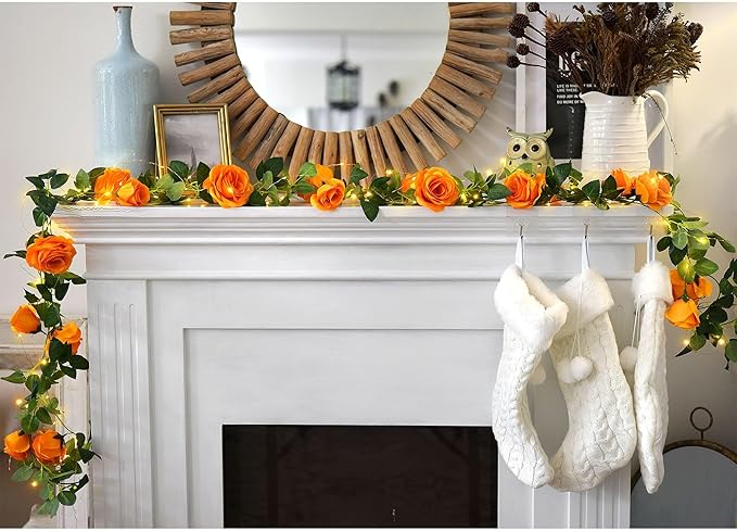 FiveSeasonStuff 29 Ft 4 Pack Mandarin Orange Rose Silk Flower Garland Artificial Flowers Decoration Hanging Floral with 66 feet String Lights