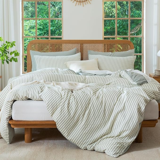 Striped Duvet Cover King Washed Microfiber Jacquard 3 Pieces Bedding Set, White Grayish Green Vertical Ticking Stripes Pattern Comforter Cover with Zipper Closure Breathable Durable Soft Comfy